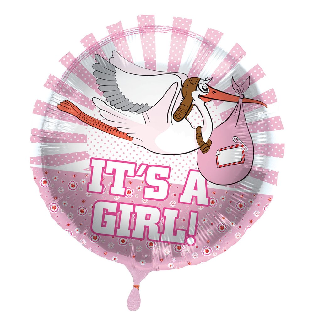 Folienballon Storch Baby It's a Girl rosa, Ø 45 cm