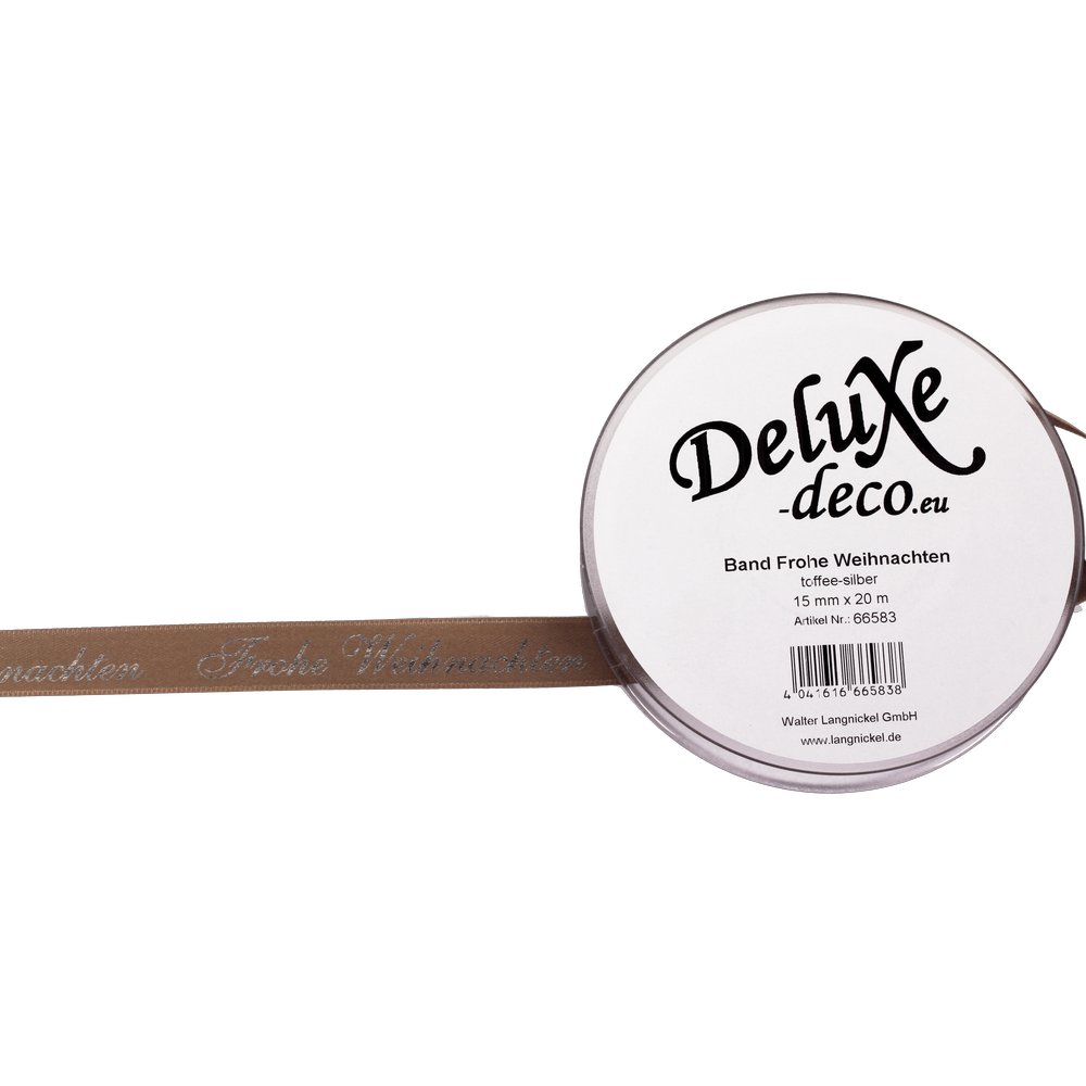 Band Frohe Weihnachten Schriftzug toffee-silber, 15 mm x 20 m