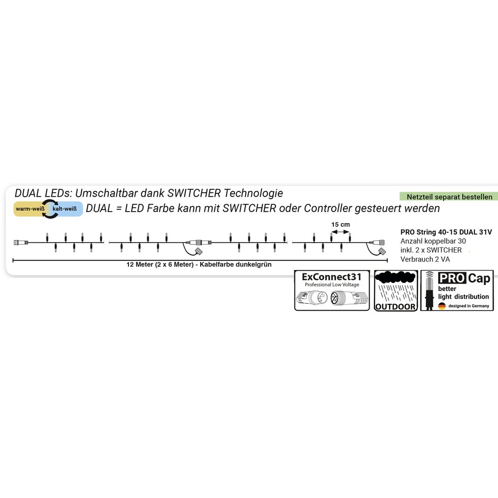 PRO String DUAL warm-weiß + kalt-weiß 31V (2 x 6 Meter)