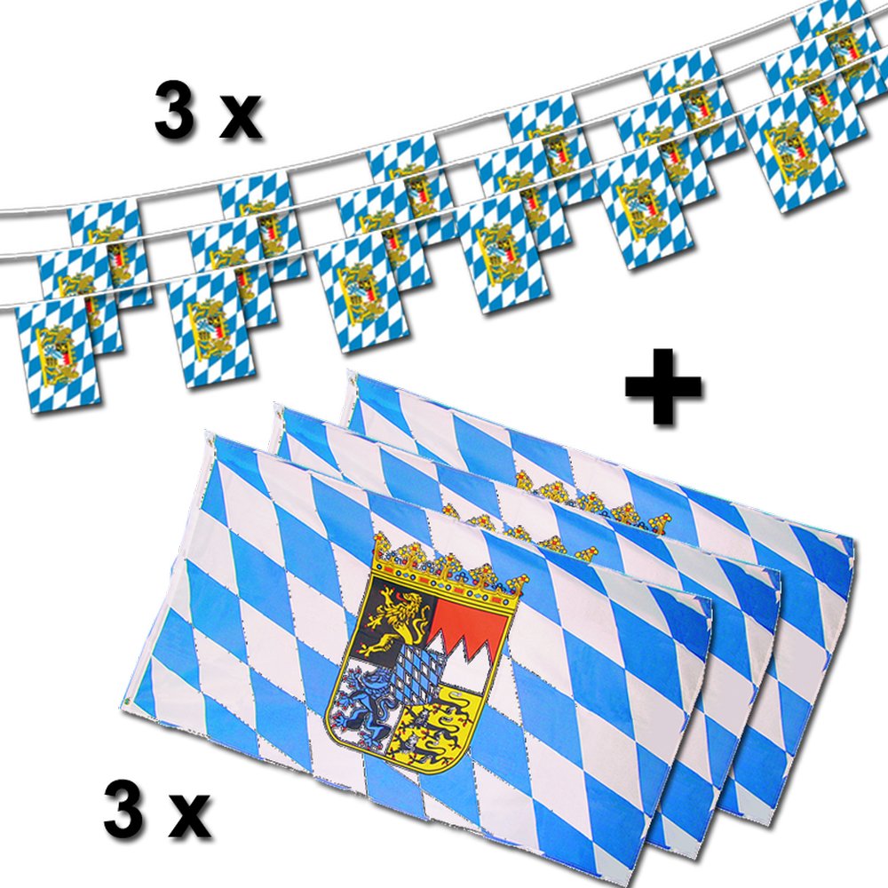 Bayern+Wappen Flaggenset 6-teilig, 3 x Flagge, 3 x Fahnenkette