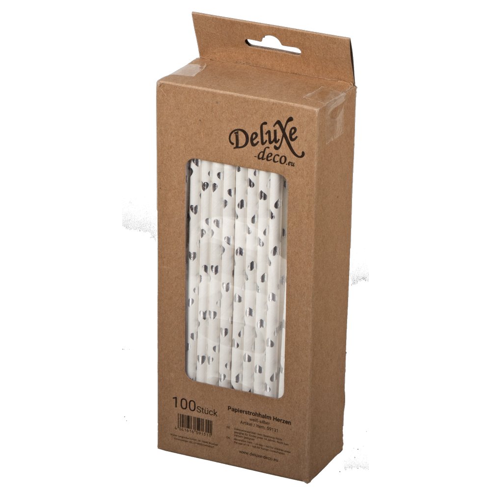 Papierstrohhalme Herzen weiß/silber, 100 Stück, Ø 6 mm