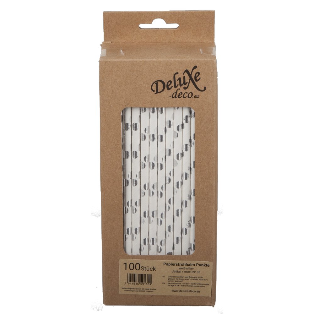 Papierstrohhalme Punkte weiß/silber, 100 Stück, Ø 6 mm