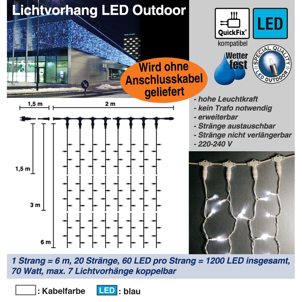 Lichtvorhang LED außen blau, 6 m x 2 m, 70 Watt