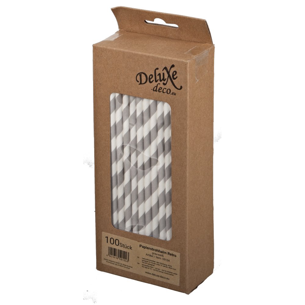 Papierstrohhalme Retro grau/weiß, 100 Stück, Ø 6 mm