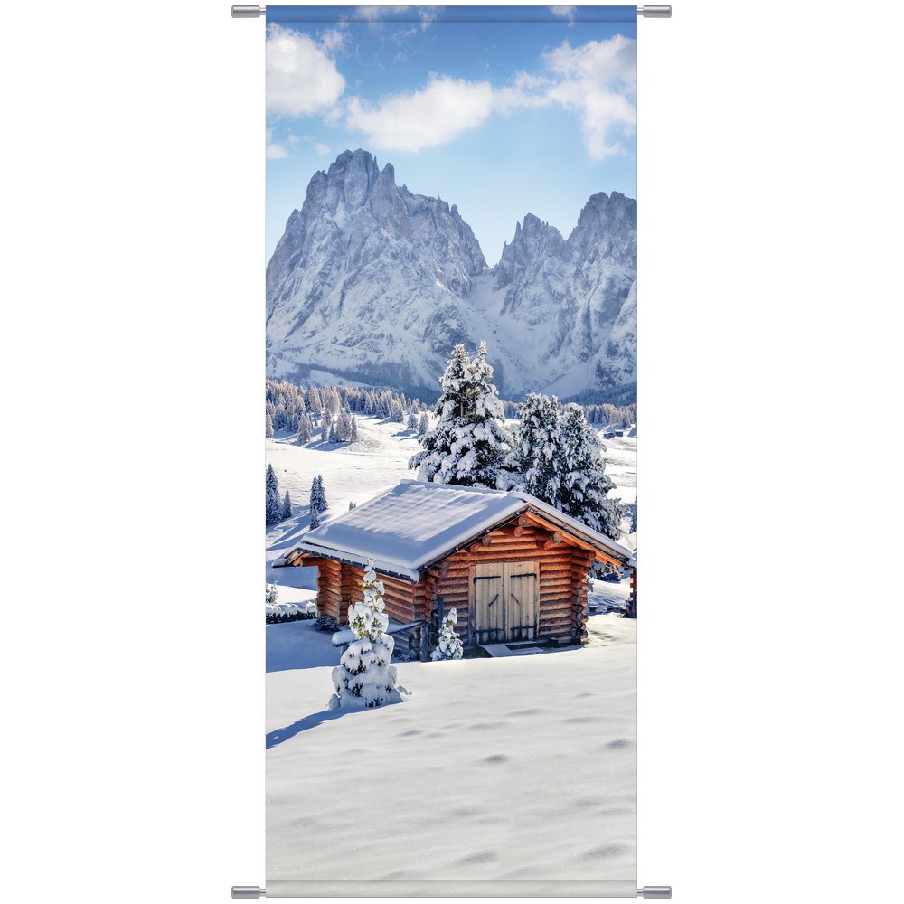 Banner Schneehütte mit Berg, 75 x 180 cm