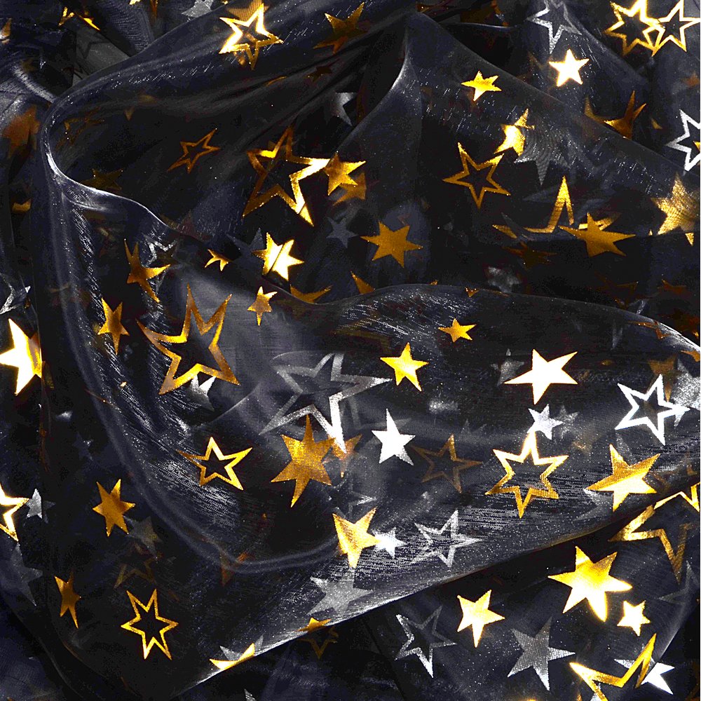Chiffon Star Souplesse Sternenstoff schwarz-gold, 150 cm breit