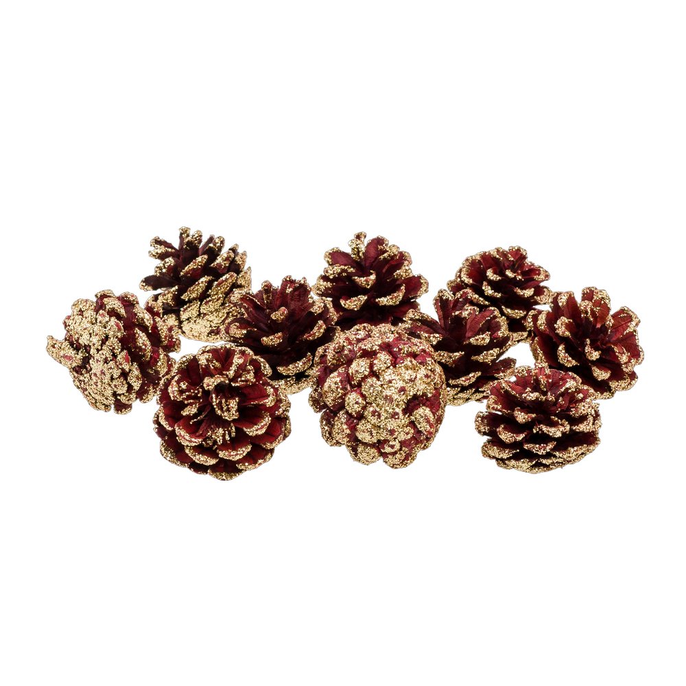 Tannenzapfen Glitter im Beutel, rot-gold, 10 Stück, 4-5 cm