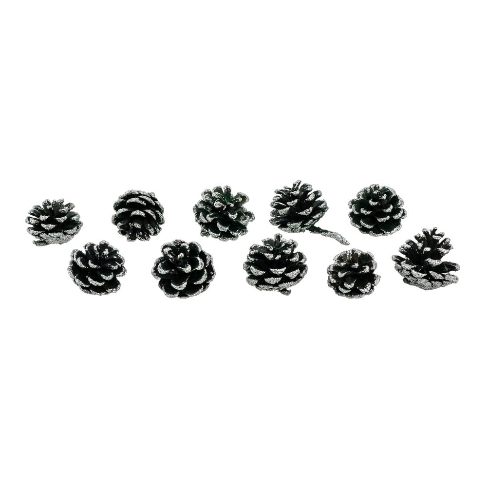 Tannenzapfen Glitter im Beutel, grün-silber, 10 Stück, 4-5 cm